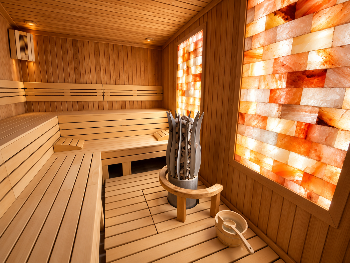 Sauna sa slanim zidom, peći i priborom u Minaqua Fitness wellness centru u Novom Sadu