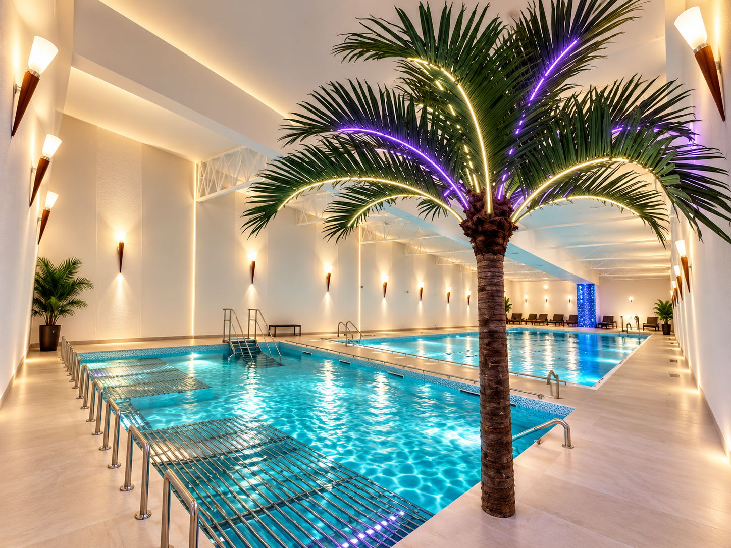 Enterijer Minaqua Fitness bazena sa mineralizovanom termalnom vodom i osvetljenom palmom